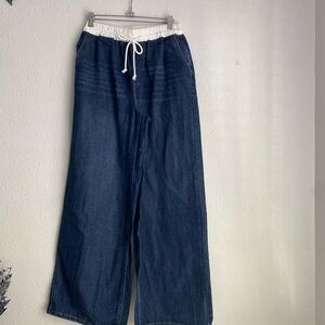 SHEIN Dark Blue Wide Leg Jeans with White Drawstring Waist